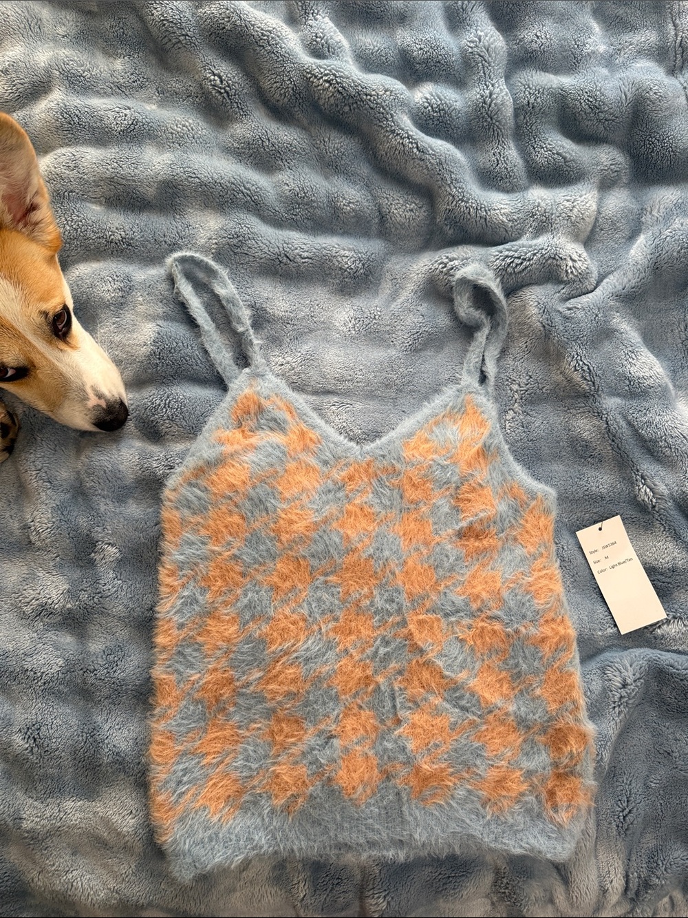 Fluffy Houndstooth Knit Cami in Light Blue and Peach